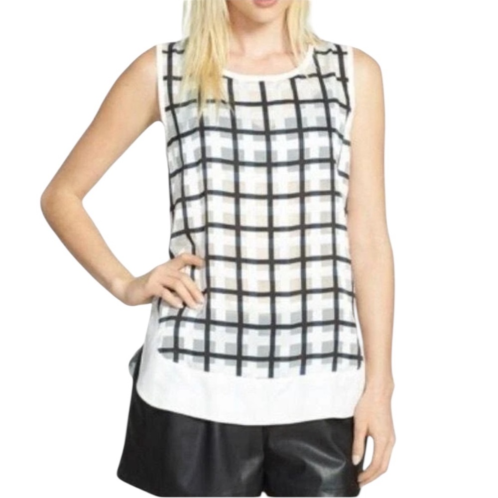 J.O.A. Los Angeles Black White Windowpane Sheer Grid Sleeveless Top Blouse M